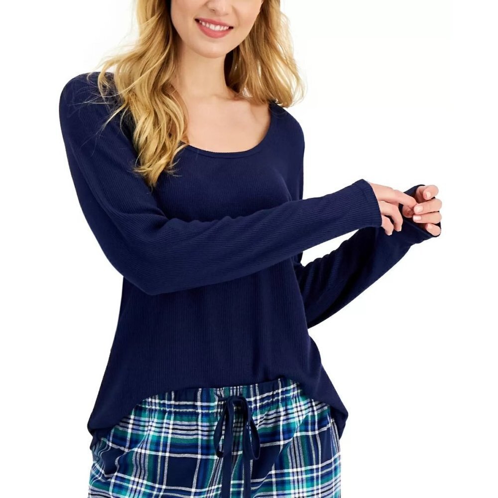 Jenni Jennifer Moore Womens Small Solid Long-Sleeve Pajama Top Navy Sail 859